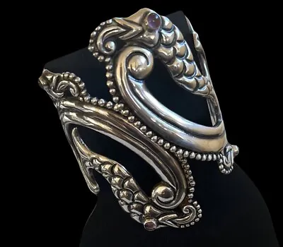 Taxco Mexico Sterling Silver Amethyst Art Deco Fish Cuff Clamper 1940s 78g • $895