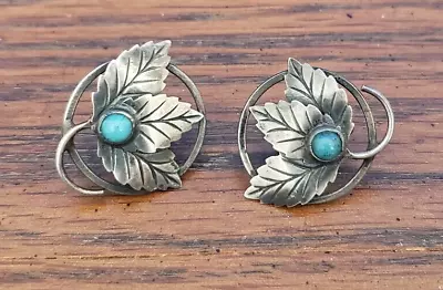 Earrings Sterling Silver Etched Leaf W/turquoise Dot Stone Screw Back ~ Vintage • $29.99