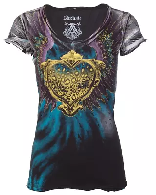 Archaic AFFLICTION Women's T-Shirt ON MY WAY Heart BLACK Tattoo Biker S-XL $58 • $21.95