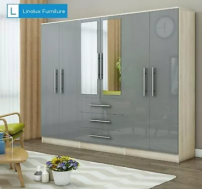 Large 6 Door Mirrored Wardrobe High Gloss LIGHT GREY 3 Drawers Modern Design • £479.99