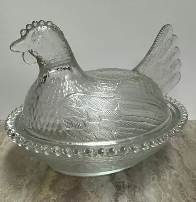 Vintage Indiana Glass Hen On A Nest Clear Candy Dish Beaded Nest Chicken • $26.95