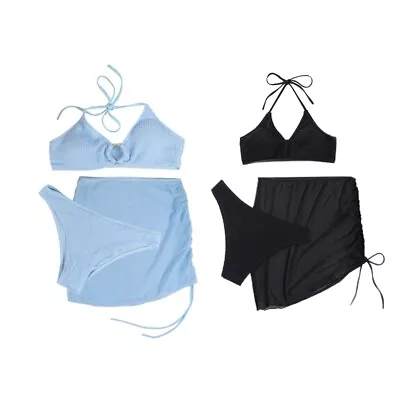 Three Pieces Thong Swimsuits Push Up Perspective Lacing Bikini Cover Ups • $27.98