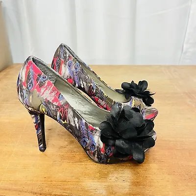 Dolce By Mojo Moxy Women's High Heels Black Flower Peacock Gothic - Size 8 M • $30.76