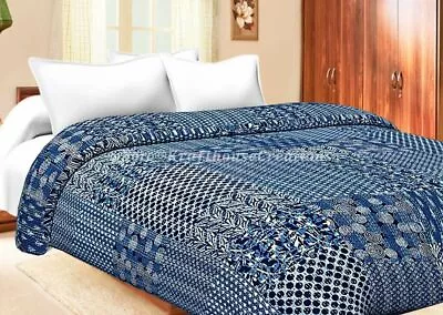 Vintage Kantha Quilt Handmade King Size Blue Indigo Bedspread Blanket Throw  • £59.99