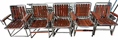 5 Retro Vintage Mid Century Aluminum Redwood 6 Slat Folding Arm Patio Chairs SET • $450