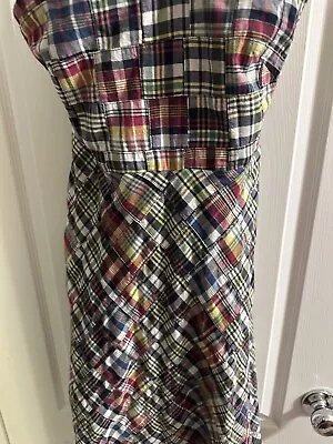 J Crew Strapless Dress Madras Plaid Patchwork A-Line Cotton Navy Blue Red 4 • $16