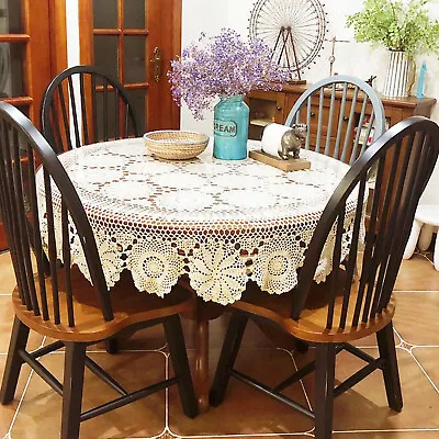 52inch Round Hand Crochet Tablecloth Ecru Vintage Lace Table Cloth Floral Doily • $34.20