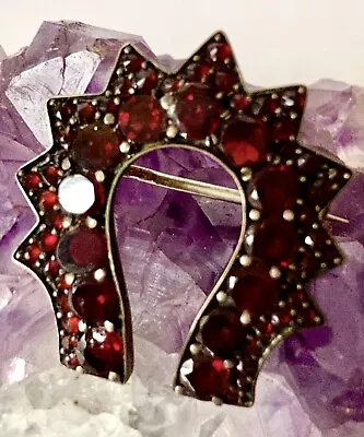 Antique Bohemian Victorian Garnet Good Luck Horseshoe Brooch Pin • $97