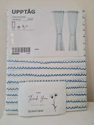 NEW Ikea UPPTÅG Wave Cotton Curtain 120x300cm 604.402.75 White And Pale Blue • £27.99