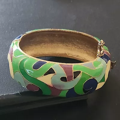 SIGNED E Vintage Designer Clamper Bracelet Purple Green Blue Enamel RARE! 265 • $5.50