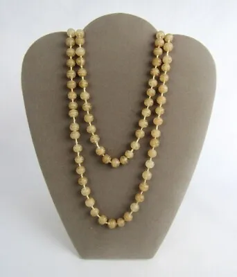 Vintage Tan Ecru Frosted Spiral Pattern Knotted Glass Bead 44  Strand Necklace • $18.95