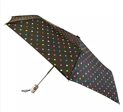 TOTES Auto Open Compact Umbrella Black With Multicolor Polka Dot And Wrist Strap • $7.99