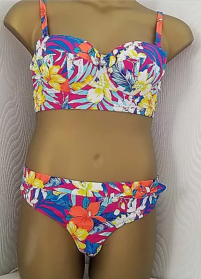 POUR MOI BUSTIER STYLE 38C 18 White Yellow Pink IBIZA BEACH LIFE Bikini NWT £65  • £29