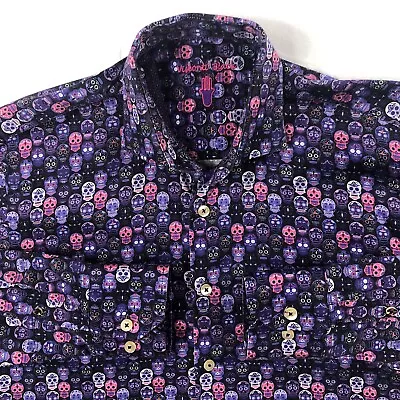 Visconti Black Shirt Men’s S Striped Button Up Long Sleeve Purple Allover Skulls • $28.97