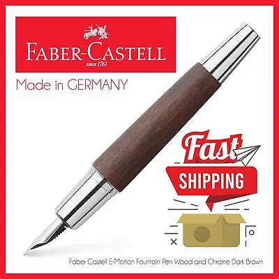 Faber Castell E-Motion Fountain Pen Wood And Chrome Dark Brown - Broad 148213 • $153