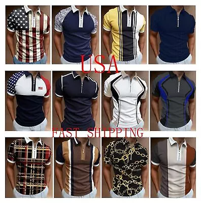 Polo T Shirts Men Quarter Zip Zipper Collar Fashion Golf Short Sleeve Soft Dress • $25.98