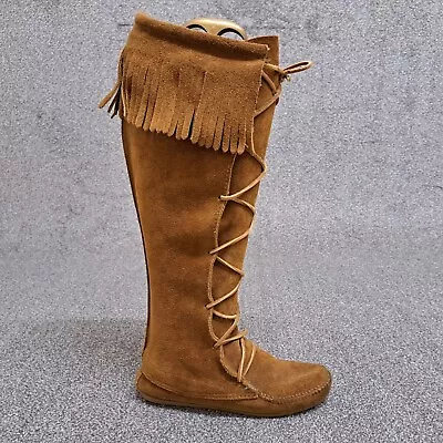 Minnetonka High Boots Tan Brown Suede Leather 38 UK 5 Moccasin Fringed • £80