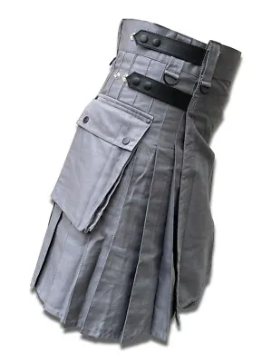 Men's Grey Cotton Leather Straps Fashion Sport Utility Kilt Adjustable Sizes • £32.99