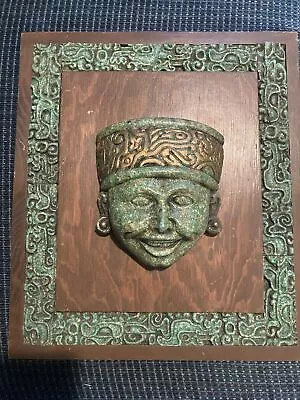 Vintage Mayan Aztec Wall Plaque Mexican Folk Art Crushed Malachite Face 13 X 11 • $45