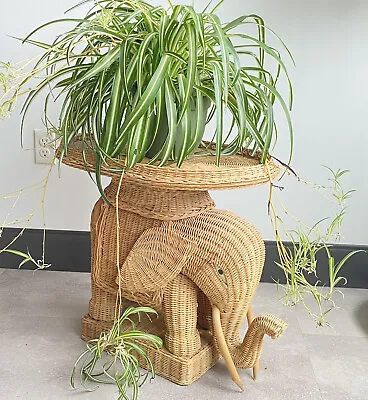 Vintage Rattan Wicker Elephant Side Table Plant Stand Boho Chic 2 PC Wood Tusks • $200