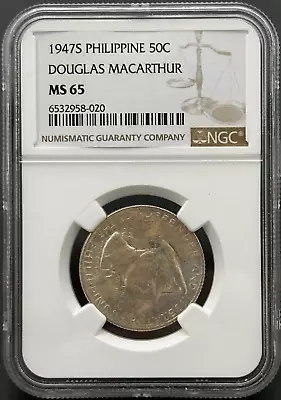 1947 S PHILIPPINES WWII General DOUGLAS MACARTHUR Silver 50 Cent Coin NGC MS 65 • $275