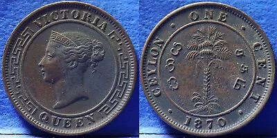 Ceylon Sri Lanka Victoria Copper 1 Cent 1870 Km.92 Unc See Photos • £0.99