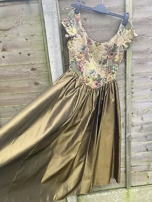 Vintage 1980s LAURA ASHLEY Gold Taffeta Tapestry Regency Ballgown Dress 10 • £139