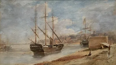 Fine Early 20thc Boatyard & Moored Galleon Ships Seascape Watercolour Painting • £229