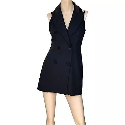 Vintage 90s Laundry Shelli Segal Mini Dress Black Sleeveless Button Front Size 4 • $49.99