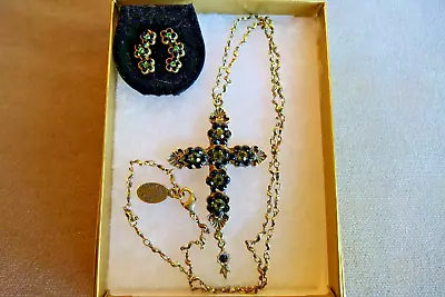 NWT Michal Negrin Cross & Earrings Swarovski Flowers Peridot W/Black Border~24  • $170