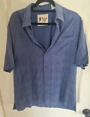 Vintage Silk Shirt Mens XL XLarge Blue  100% Silk Pocket Shortsleeve Button Up • $15