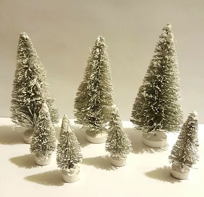 7 Mini GREY Miniature Sisal Bottle Brush Flocked Christmas Trees Snow Village • $12.95