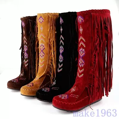 Fringe Tassel Womens Embroidery Moccasin Mid-Calf Knee Boots Hidden Wedge Suede • $46.16