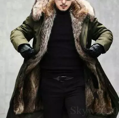 Mens Mink Fur Lined Long Coat Mink Fur Collar Hooded Warm Winter Parka Outwear • $188.99