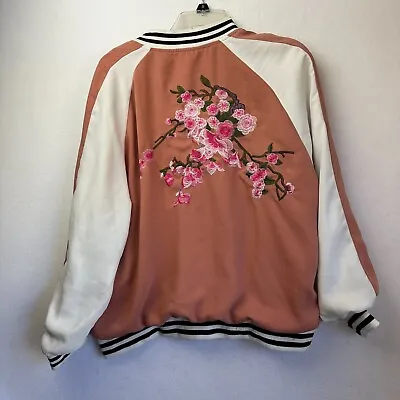 Gianni Bini Jacket Women L Satin Bomber Style Athletic Floral Embroidery Pink • $20
