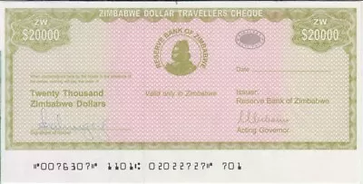 Zimbabwe 20000 20.000 20000 Dollars Traveller Check Unc  We Combine • $9.99