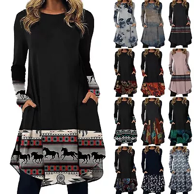 Women Loose Casual Round Neck Pullover Loose Long Sleeve MAXI Dress Plus Size 🔥 • $33.85