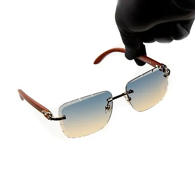 Mens Gray & Tan Gradient Tint Rimless Gold Frame Woodgrain Gem Cut Sunglasses • $15.99