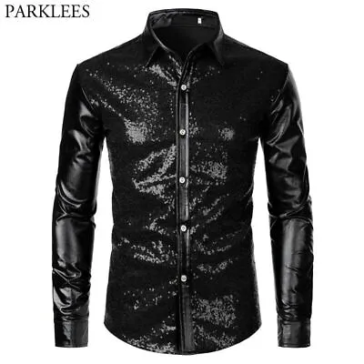 Black Sequin Glitter Dress Shirt Men Long Sleeve Button Down Party Dance Shirt • $60.63