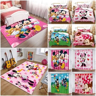 Kids Minnie Mickey Mouse Series Doona Duvet Cover Bedding Set CurtainFloor Mat • £16.79