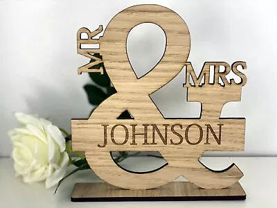 Personalised Mr & Mrs Oak Wooden Top Table Sign Stand Wedding Reception Gift  • £8.95