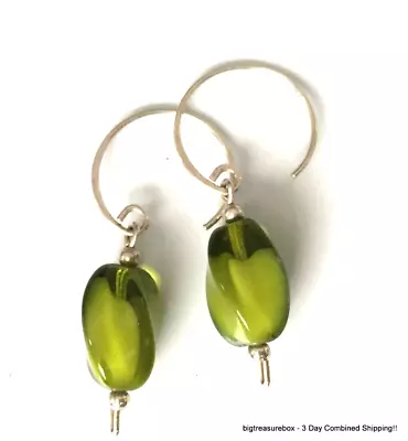 Vintage Earrings 925 STERLING SILVER Pierced Dangle Green Glass Jewelry Lot Y • $0.99