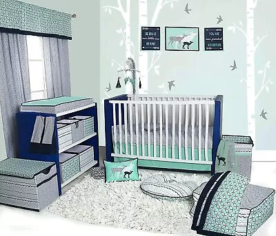 Mint Green Navy Deer Tribal Geo 10 Pc Crib Bedding Baby Nursery Mobile Diaper • $151.90