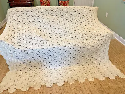 VTG HAND Crocheted Cotton 84  X 88  Ecru Bedspread Star Popcorn DESIGN 1930-40 • $49.87