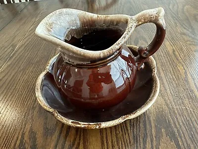 McCoy Pottery Pitcher Wash Bowl Set Of 2 Drip Ware Brown Glaze 7528 USA • $38.50