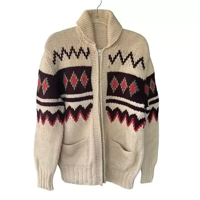 VTG 50s Cowichan Style Mary Maxim Wool Heavy Knit Cardigan Lightning Zip Chevron • $299.95