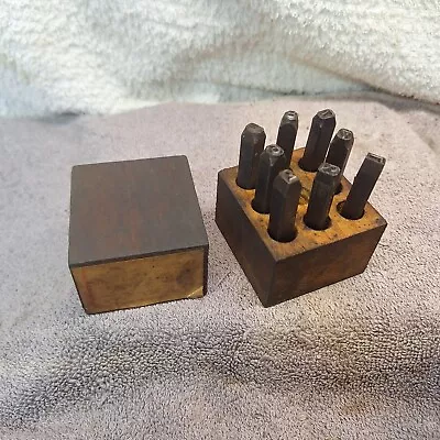 Vintage 1/4  Hole Punch Number Stamp Set 0-8 Missing 5 In Wooden Box • $15.99