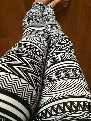 NEW BLACK WHITE AZTEC TRIBAL Print PONTI Leggings Thick Polyester S M L GREAT • $8