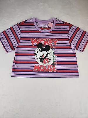 Disney Women’s Medium Mickey Mouse Crop Top Stripes Pink Red T-shirt New • $6.79