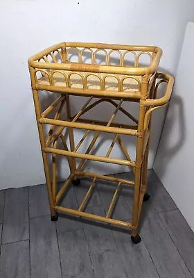 Vintage Mid Century Modern Boho Chic Bamboo Wicker Rattan Bar Serving Cart • $315